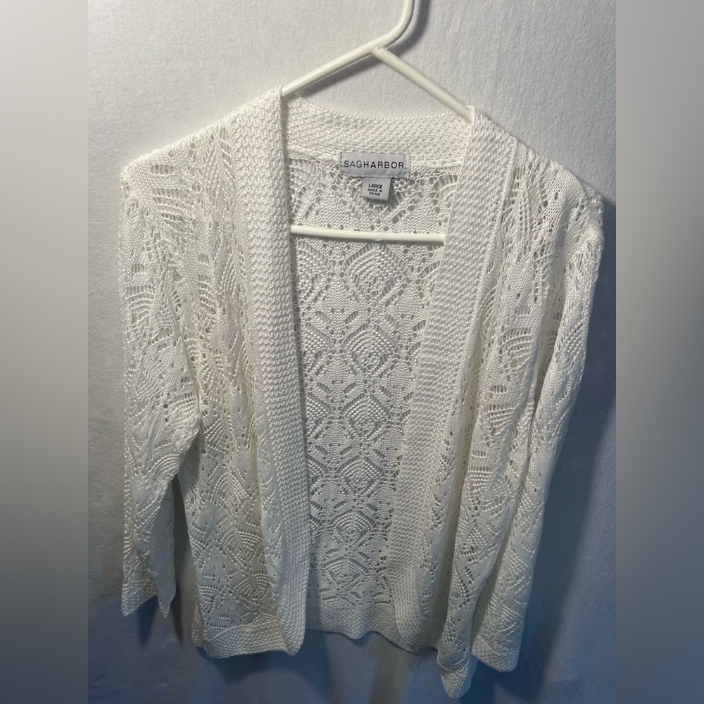 Sag Harbor White Cardigan Sweater with Cable Knit Design